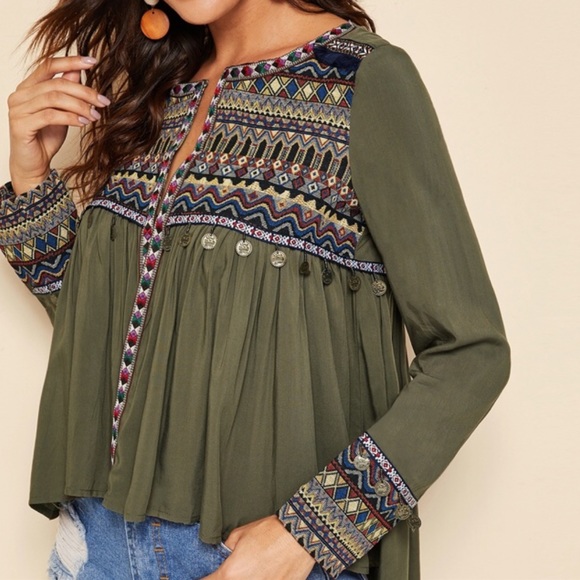 Tops - Army green tribal embroidered top